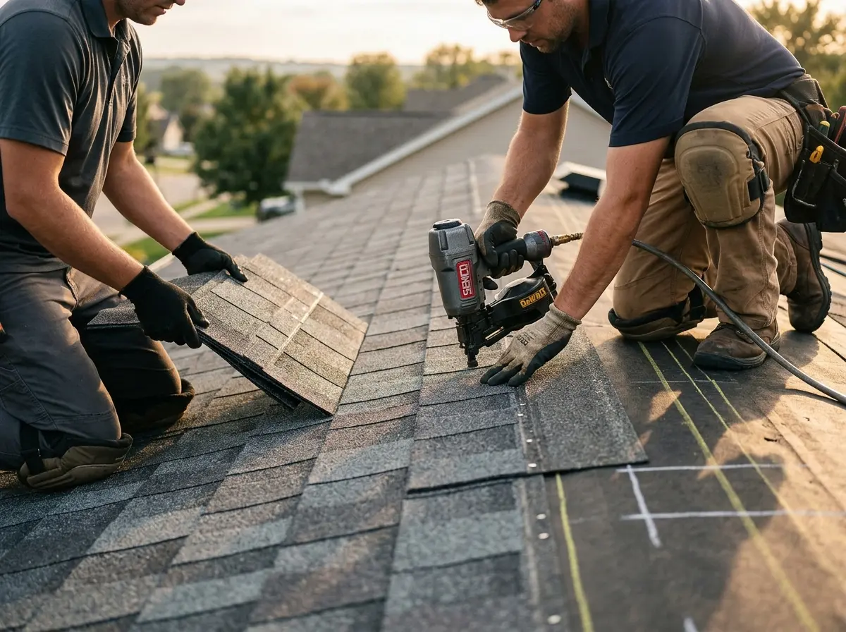 Professional roofer working on a residential roof in Whitefish